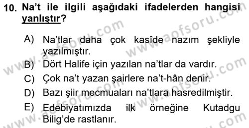 Türk İslam Edebiyatı Dersi 2018 - 2019 Yılı 3 Ders Sınav Soruları 10. Soru