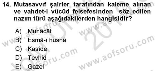 Türk İslam Edebiyatı Dersi 2018 - 2019 Yılı 3 Ders Sınav Soruları 14. Soru