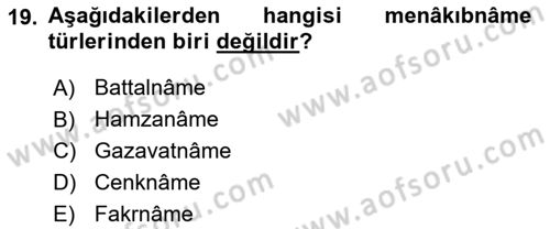 Türk İslam Edebiyatı Dersi 2018 - 2019 Yılı 3 Ders Sınav Soruları 19. Soru