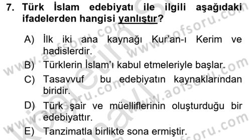 Türk İslam Edebiyatı Dersi 2018 - 2019 Yılı 3 Ders Sınav Soruları 7. Soru