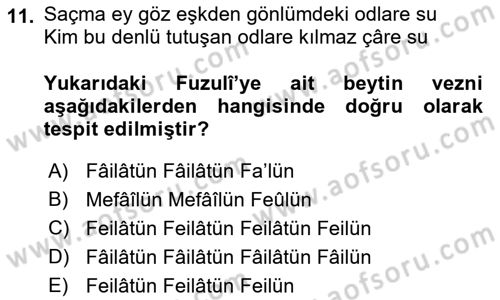 Türk İslam Edebiyatı Dersi 2018 - 2019 Yılı (Vize) Ara Sınav Soruları 11. Soru