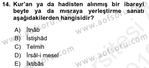 Türk İslam Edebiyatı Dersi 2018 - 2019 Yılı (Vize) Ara Sınav Soruları 14. Soru