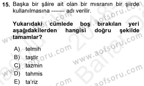 Türk İslam Edebiyatı Dersi 2018 - 2019 Yılı (Vize) Ara Sınav Soruları 15. Soru