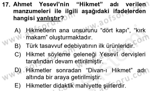 Türk İslam Edebiyatı Dersi 2018 - 2019 Yılı (Vize) Ara Sınav Soruları 17. Soru