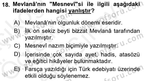 Türk İslam Edebiyatı Dersi 2018 - 2019 Yılı (Vize) Ara Sınav Soruları 18. Soru