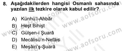 Türk İslam Edebiyatı Dersi 2018 - 2019 Yılı (Vize) Ara Sınav Soruları 8. Soru