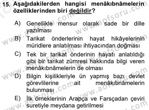 Türk İslam Edebiyatı Dersi 2018 - 2019 Yılı (Final) Dönem Sonu Sınav Soruları 15. Soru