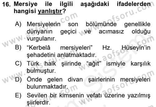 Türk İslam Edebiyatı Dersi 2018 - 2019 Yılı (Final) Dönem Sonu Sınav Soruları 16. Soru