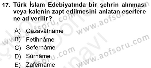 Türk İslam Edebiyatı Dersi 2018 - 2019 Yılı (Final) Dönem Sonu Sınav Soruları 17. Soru
