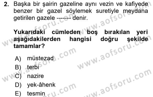 Türk İslam Edebiyatı Dersi 2018 - 2019 Yılı (Final) Dönem Sonu Sınav Soruları 2. Soru