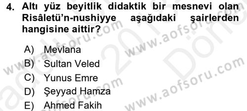 Türk İslam Edebiyatı Dersi 2018 - 2019 Yılı (Final) Dönem Sonu Sınav Soruları 4. Soru