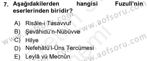Türk İslam Edebiyatı Dersi 2018 - 2019 Yılı (Final) Dönem Sonu Sınav Soruları 7. Soru