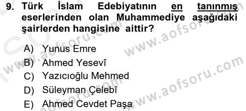 Türk İslam Edebiyatı Dersi 2018 - 2019 Yılı (Final) Dönem Sonu Sınav Soruları 9. Soru