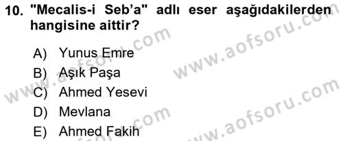 Türk İslam Edebiyatı Dersi 2018 - 2019 Yılı Yaz Okulu Sınav Soruları 10. Soru