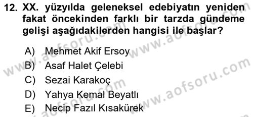 Türk İslam Edebiyatı Dersi 2018 - 2019 Yılı Yaz Okulu Sınav Soruları 12. Soru