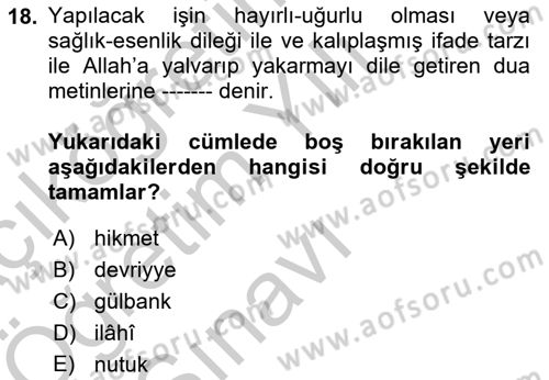 Türk İslam Edebiyatı Dersi 2018 - 2019 Yılı Yaz Okulu Sınav Soruları 18. Soru