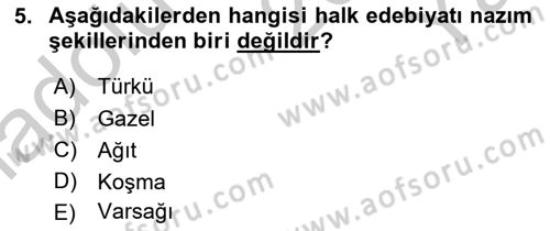 Türk İslam Edebiyatı Dersi 2018 - 2019 Yılı Yaz Okulu Sınav Soruları 5. Soru