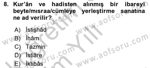 Türk İslam Edebiyatı Dersi 2018 - 2019 Yılı Yaz Okulu Sınav Soruları 8. Soru