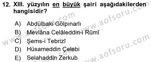 Türk İslam Edebiyatı Dersi 2020 - 2021 Yılı Yaz Okulu Sınav Soruları 12. Soru