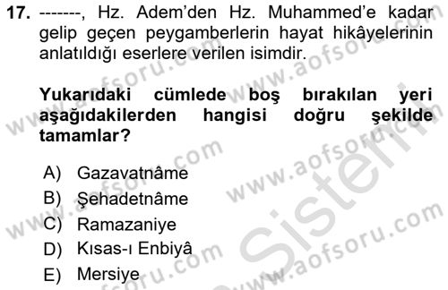 Türk İslam Edebiyatı Dersi 2020 - 2021 Yılı Yaz Okulu Sınav Soruları 17. Soru