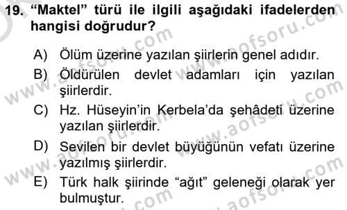 Türk İslam Edebiyatı Dersi 2020 - 2021 Yılı Yaz Okulu Sınav Soruları 19. Soru