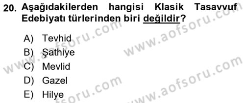 Türk İslam Edebiyatı Dersi 2020 - 2021 Yılı Yaz Okulu Sınav Soruları 20. Soru