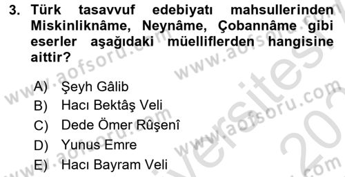 Türk İslam Edebiyatı Dersi 2020 - 2021 Yılı Yaz Okulu Sınav Soruları 3. Soru