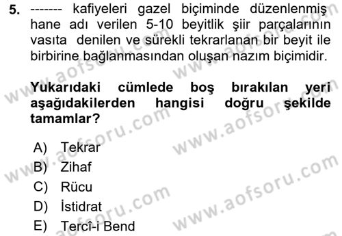 Türk İslam Edebiyatı Dersi 2020 - 2021 Yılı Yaz Okulu Sınav Soruları 5. Soru
