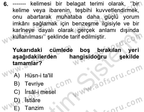 Türk İslam Edebiyatı Dersi 2020 - 2021 Yılı Yaz Okulu Sınav Soruları 6. Soru