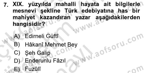 Türk İslam Edebiyatı Dersi 2020 - 2021 Yılı Yaz Okulu Sınav Soruları 7. Soru