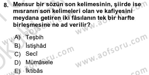 Türk İslam Edebiyatı Dersi 2020 - 2021 Yılı Yaz Okulu Sınav Soruları 8. Soru