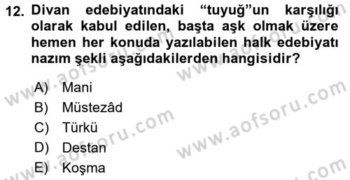 Türk İslam Edebiyatı Dersi 2021 - 2022 Yılı (Vize) Ara Sınav Soruları 12. Soru