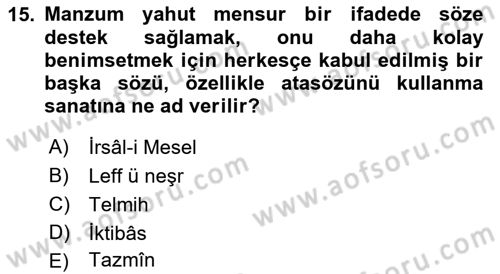 Türk İslam Edebiyatı Dersi 2021 - 2022 Yılı (Vize) Ara Sınav Soruları 15. Soru