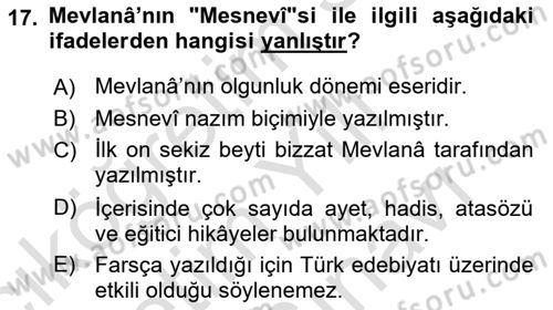 Türk İslam Edebiyatı Dersi 2021 - 2022 Yılı (Vize) Ara Sınav Soruları 17. Soru
