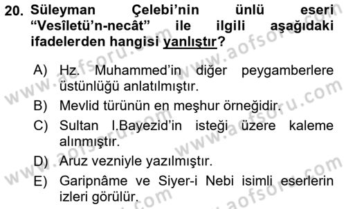 Türk İslam Edebiyatı Dersi 2021 - 2022 Yılı (Vize) Ara Sınav Soruları 20. Soru