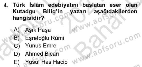 Türk İslam Edebiyatı Dersi 2021 - 2022 Yılı (Vize) Ara Sınav Soruları 4. Soru