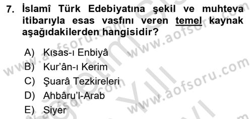 Türk İslam Edebiyatı Dersi 2021 - 2022 Yılı (Vize) Ara Sınav Soruları 7. Soru