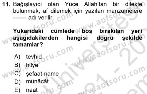 Türk İslam Edebiyatı Dersi 2021 - 2022 Yılı (Final) Dönem Sonu Sınav Soruları 11. Soru