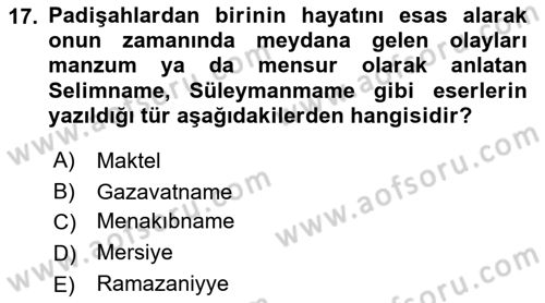 Türk İslam Edebiyatı Dersi 2021 - 2022 Yılı (Final) Dönem Sonu Sınav Soruları 17. Soru
