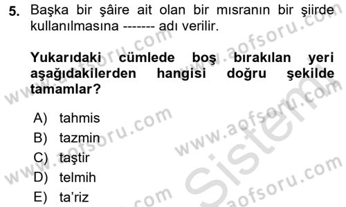 Türk İslam Edebiyatı Dersi 2021 - 2022 Yılı (Final) Dönem Sonu Sınav Soruları 5. Soru
