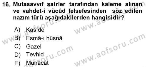 Türk İslam Edebiyatı Dersi 2021 - 2022 Yılı Yaz Okulu Sınav Soruları 16. Soru