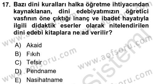 Türk İslam Edebiyatı Dersi 2021 - 2022 Yılı Yaz Okulu Sınav Soruları 17. Soru