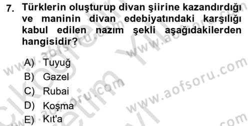 Türk İslam Edebiyatı Dersi 2021 - 2022 Yılı Yaz Okulu Sınav Soruları 7. Soru