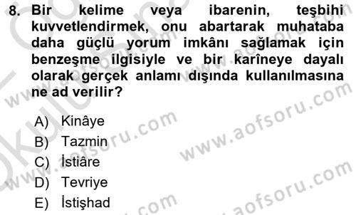 Türk İslam Edebiyatı Dersi 2021 - 2022 Yılı Yaz Okulu Sınav Soruları 8. Soru