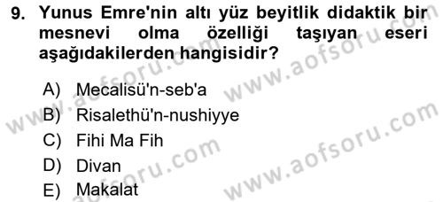 Türk İslam Edebiyatı Dersi 2021 - 2022 Yılı Yaz Okulu Sınav Soruları 9. Soru