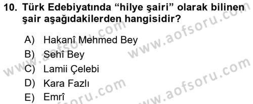 Türk İslam Edebiyatı Dersi 2022 - 2023 Yılı Yaz Okulu Sınav Soruları 10. Soru