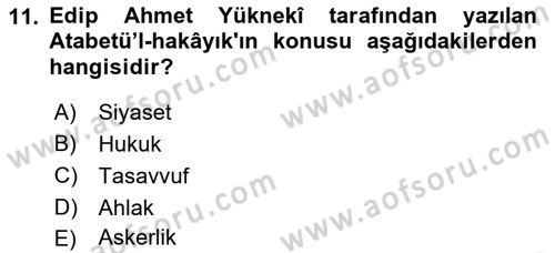 Türk İslam Edebiyatı Dersi 2022 - 2023 Yılı Yaz Okulu Sınav Soruları 11. Soru