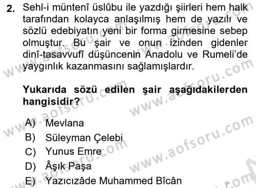 Türk İslam Edebiyatı Dersi 2022 - 2023 Yılı Yaz Okulu Sınav Soruları 2. Soru