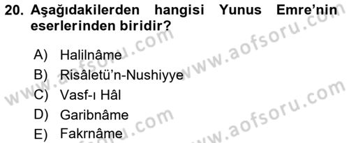 Türk İslam Edebiyatı Dersi 2022 - 2023 Yılı Yaz Okulu Sınav Soruları 20. Soru