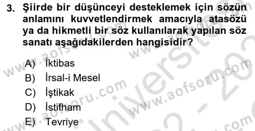 Türk İslam Edebiyatı Dersi 2022 - 2023 Yılı Yaz Okulu Sınav Soruları 3. Soru
